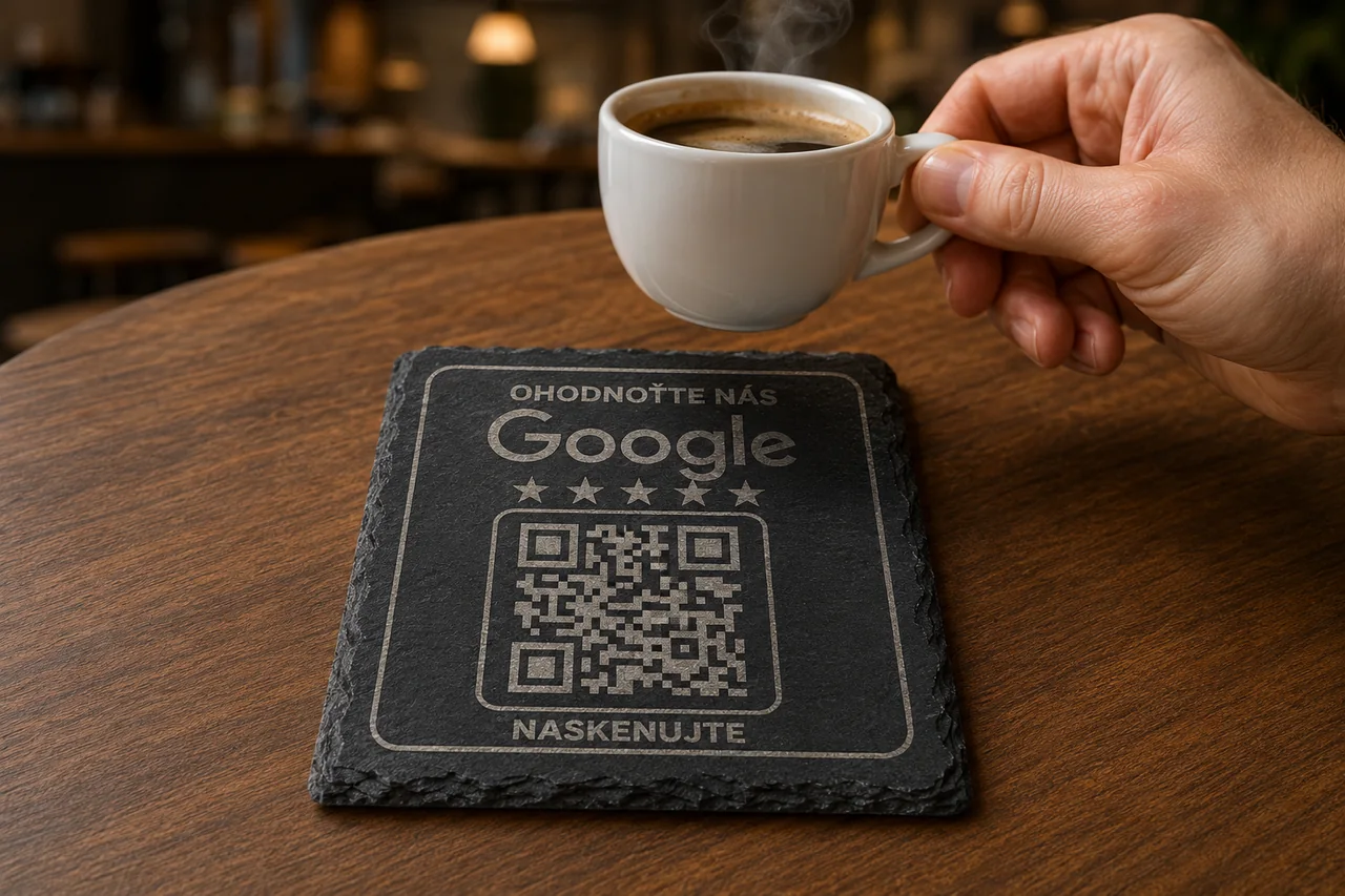 Čierny gravírovaný podtácok Stario s QR kódom pri šálke kávy