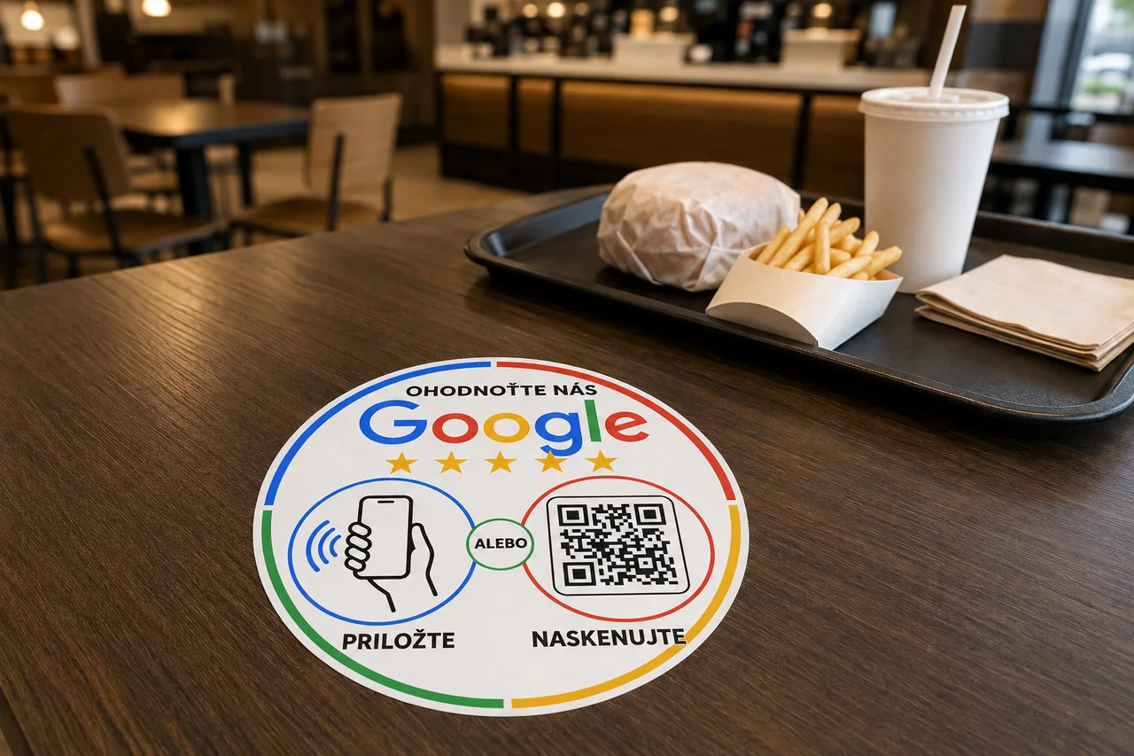 Farebná samolepka Stario s QR a NFC na stole rýchleho občerstvenia