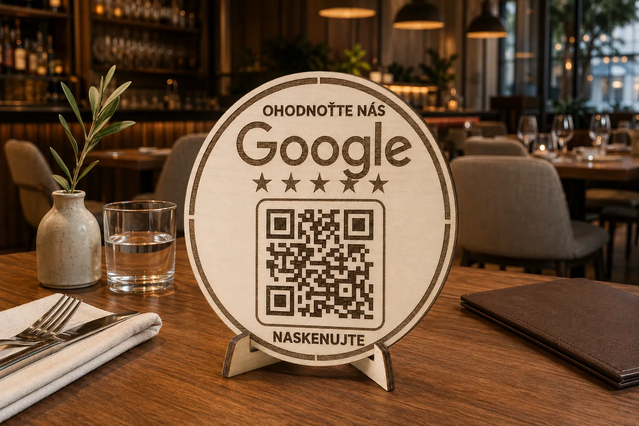 Drevená tabuľka Stario s QR kódom na stole v reštaurácii