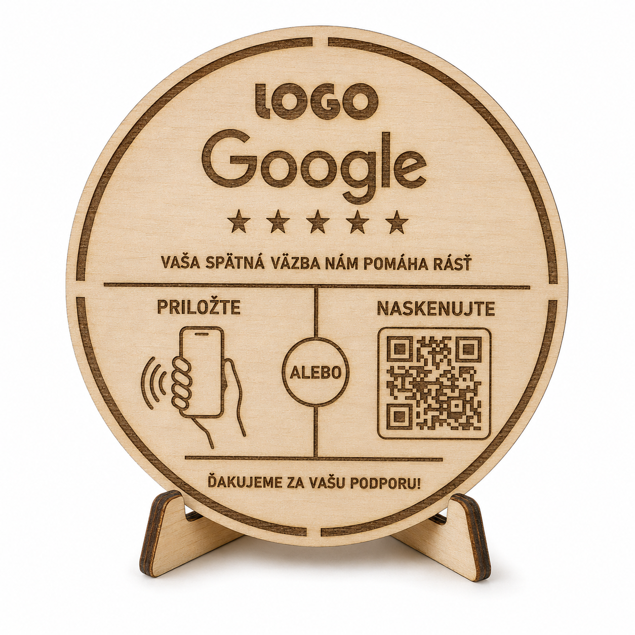Drevená tabuľka Ohodnoťte nás na Google Ø 150 mm s QR kódom a NFC